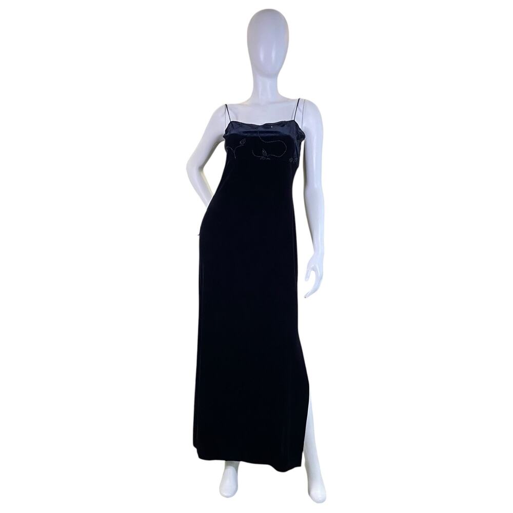 1990s Vintage Black Velvet Maxi Dress | Beaded Empire Waist Slip Dress Large